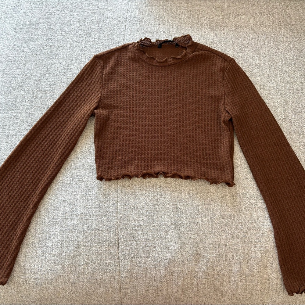 SHEIN Brown Ruffle Trim Long Sleeve Blouse
